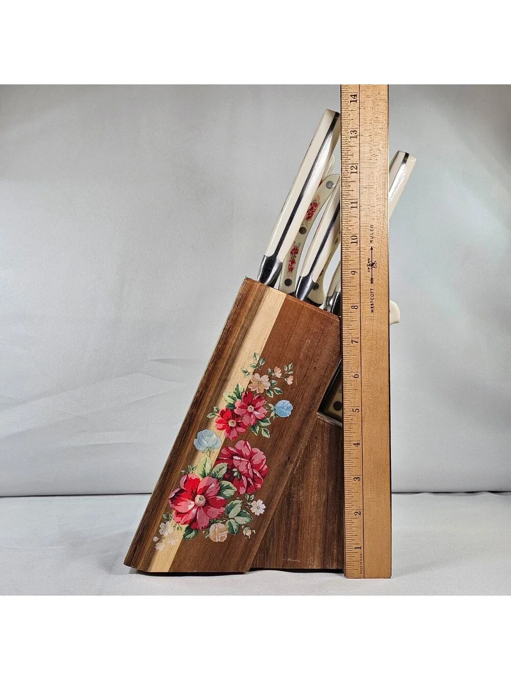 Pioneer Woman Vtg Floral 14 Piece Cutlery Set Wood Block Cream Floral Handles